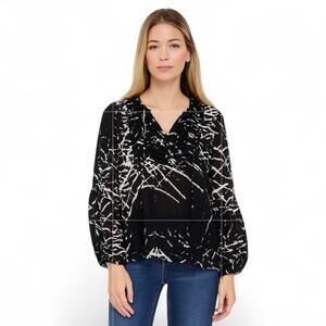 PARKER Silk Oversized Popover Long Sleeve Blouse Black White Print SMALL